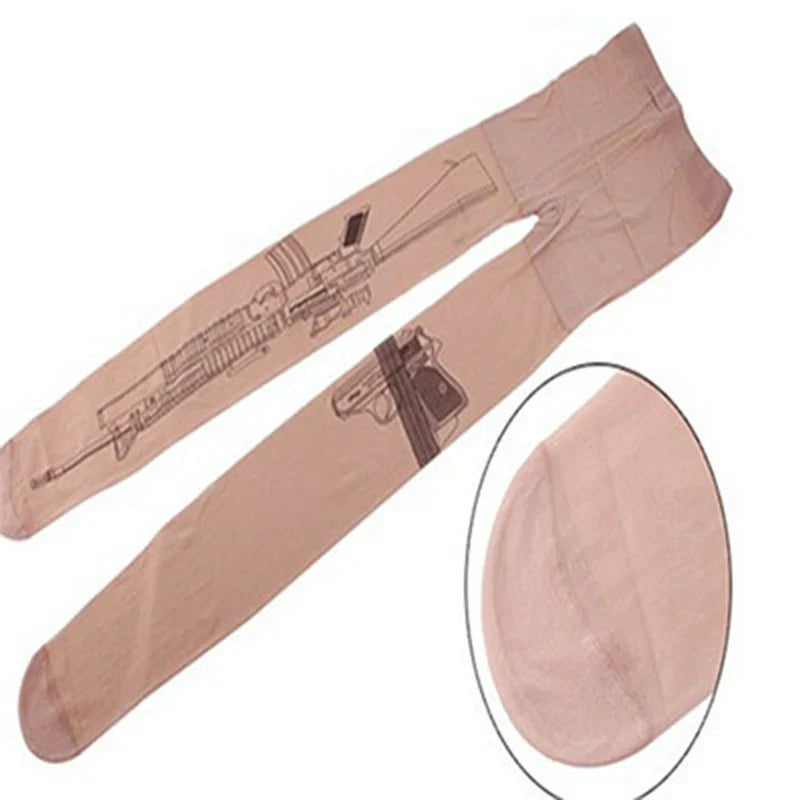 Machine Gun Tattoo Transparent Tights – Women’s Fashion Stockings Pantyhose with Free Shipping