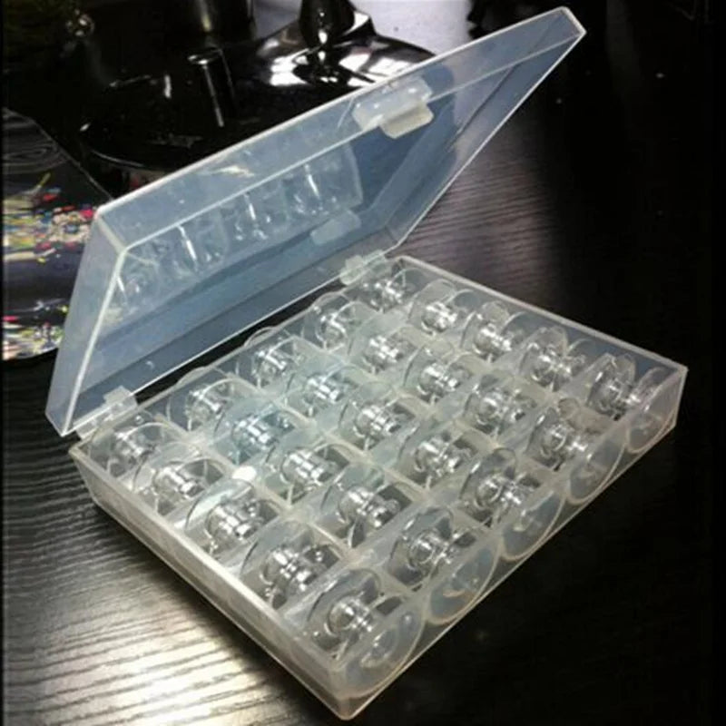 25PCS Clear Sewing Machine Bobbins – Empty Plastic Spools with Storage Box for Home Sewing Accessories