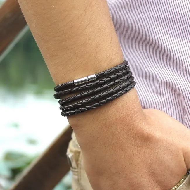 XQNI Black Retro Leather Bracelet for Men - 5 Lap Chain Link Bangle, Fashion Sporty Charm Bracelet