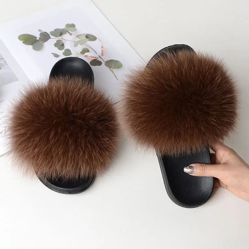 Women’s Summer Fluffy Fur Slippers — Real Fox Fur Non-Slip Flat Slides & Sandals, Large Size