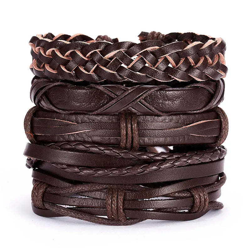 Men's Vintage Multilayer Leather Braid Bracelet - Handmade Star, Leaf & Owl Rope Wrap Bangle, Male Gift Jewelry