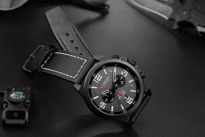 CURREN Men's Luxury Waterproof Sport Watch – Chronograph Quartz Military Wristwatch with Genuine Leather Strap