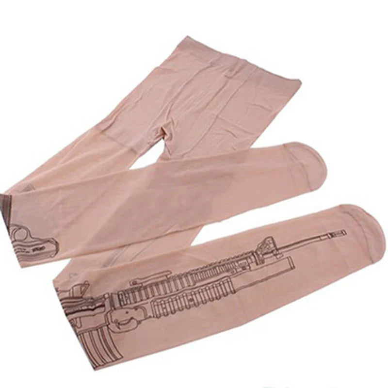 Machine Gun Tattoo Transparent Tights – Women’s Fashion Stockings Pantyhose with Free Shipping