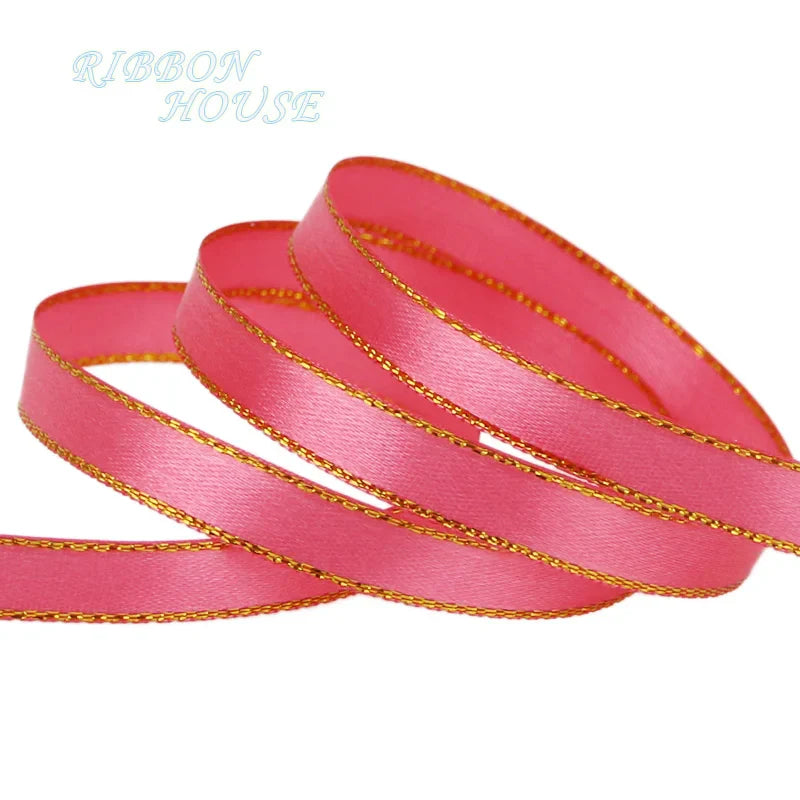 25 Yards 10mm Satin Ribbon with White & Gold Edge - High-Quality Gift Packaging Ribbon