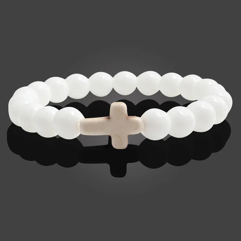 Charm Natural Stone Bracelet - Cross Black Lava Matte Beaded, Handmade Men & Women Prayer Fitness Chain, Couple Jewelry Gift