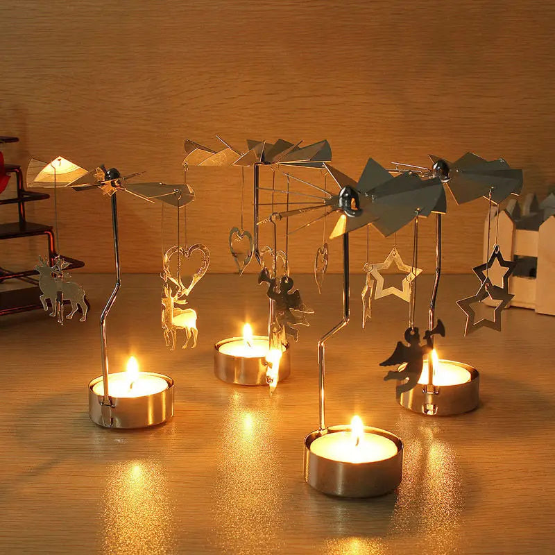 Silver Christmas Rotating Tea Light Candle Holder Carousel – Spinning Holiday Centerpiece Decor