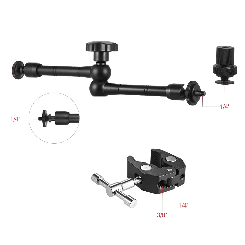 11" Adjustable Friction Articulating Magic Arm + Super Clamp Clip 2-in-1 for DSLR, LCD Monitor, LED Video Light, Camera Accessories