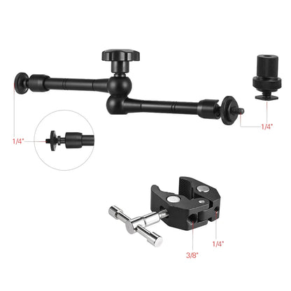 11" Adjustable Friction Articulating Magic Arm + Super Clamp Clip 2-in-1 for DSLR, LCD Monitor, LED Video Light, Camera Accessories