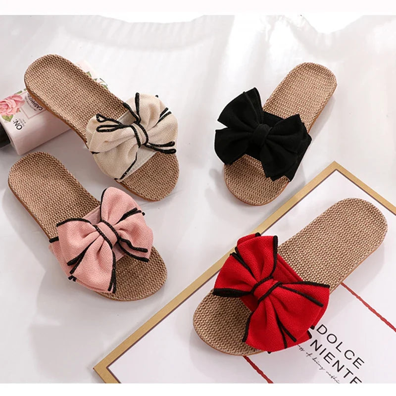 Women’s Bow-Knot Linen Slippers - Cute Soft Indoor Casual Home Flats