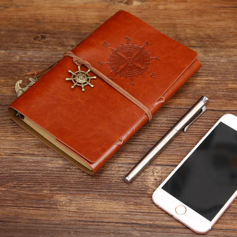 Retro PU Leather Spiral Notebook – Vintage Pirate Anchor Refillable Diary Journal for Travelers