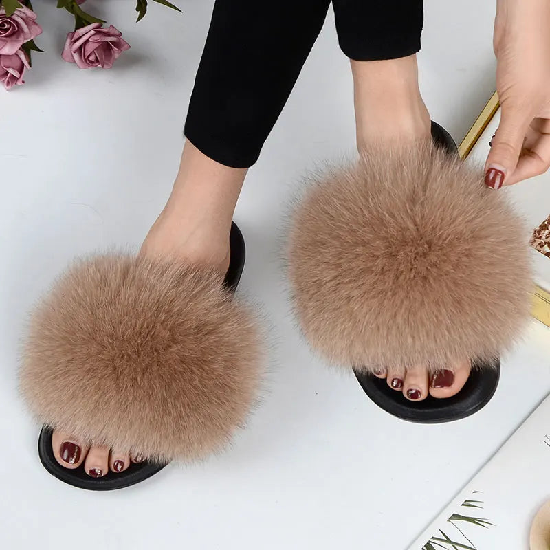 Women’s Summer Fluffy Fur Slippers — Real Fox Fur Non-Slip Flat Slides & Sandals, Large Size