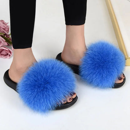 Women’s Summer Fluffy Fur Slippers — Real Fox Fur Non-Slip Flat Slides & Sandals, Large Size