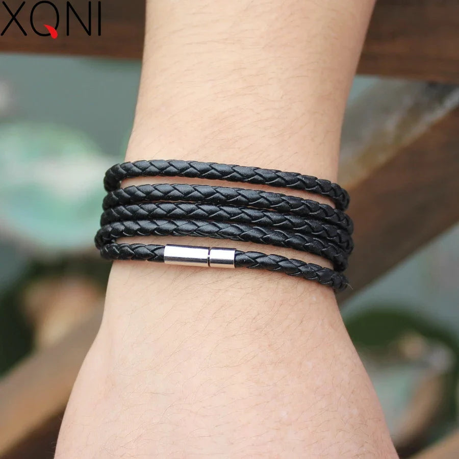 XQNI Black Retro Leather Bracelet for Men - 5 Lap Chain Link Bangle, Fashion Sporty Charm Bracelet