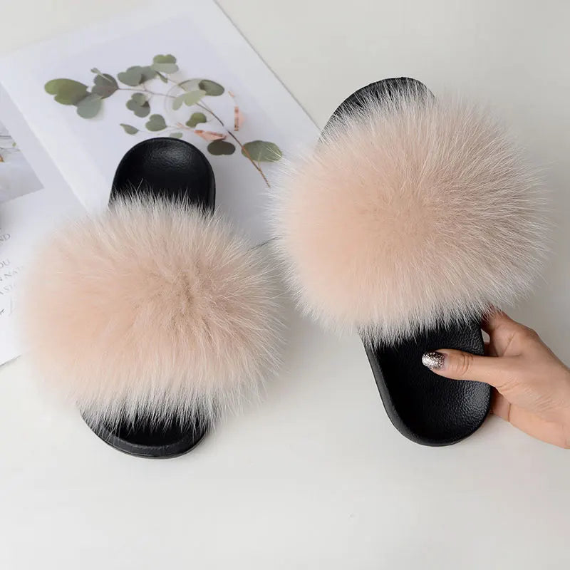 Women’s Summer Fluffy Fur Slippers — Real Fox Fur Non-Slip Flat Slides & Sandals, Large Size