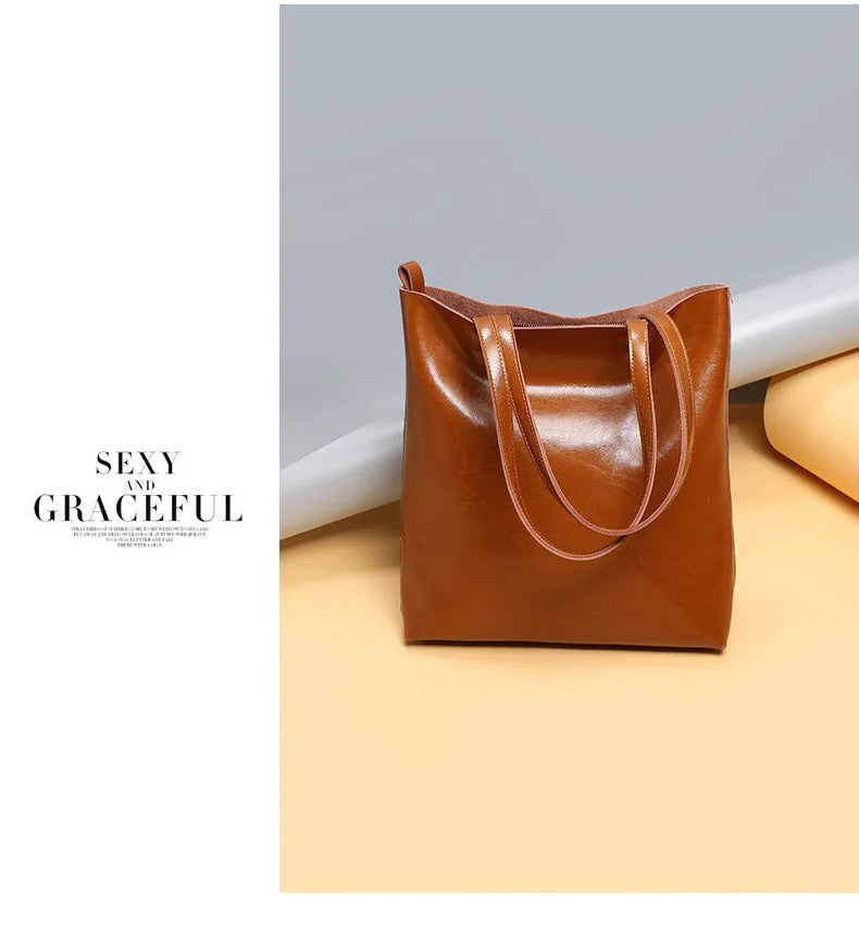 2023 Genuine Cow Leather Women’s Handbag – Large Vintage Office Tote Shoulder Bag for Ladies