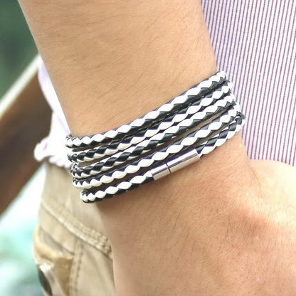 XQNI Black Retro Leather Bracelet for Men - 5 Lap Chain Link Bangle, Fashion Sporty Charm Bracelet