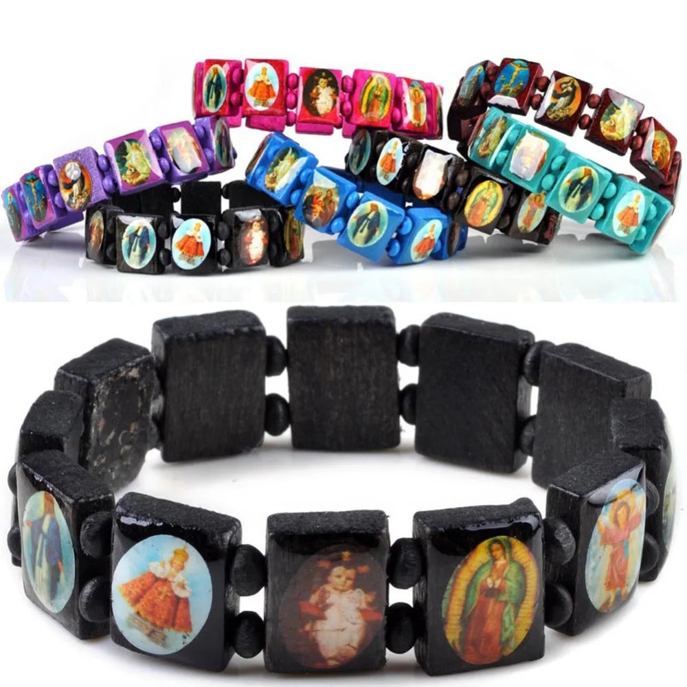 Saints Jesus Wooden Catholic Bracelet – Unisex Religious Prayer Charm Jewelry, Fashion Wood Bead Wristband (7 Colors)