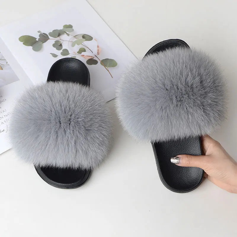 Women’s Summer Fluffy Fur Slippers — Real Fox Fur Non-Slip Flat Slides & Sandals, Large Size