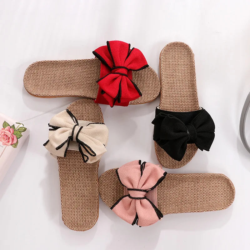Women’s Bow-Knot Linen Slippers - Cute Soft Indoor Casual Home Flats