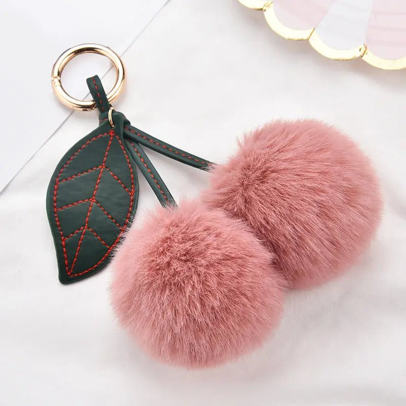 Fashion Cute Fluffy Rabbit Fur Ball Keychain – Pompom Leaf Cherry Pendant for Handbag & Car Keys