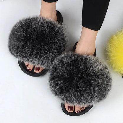 Women’s Summer Fluffy Fur Slippers — Real Fox Fur Non-Slip Flat Slides & Sandals, Large Size