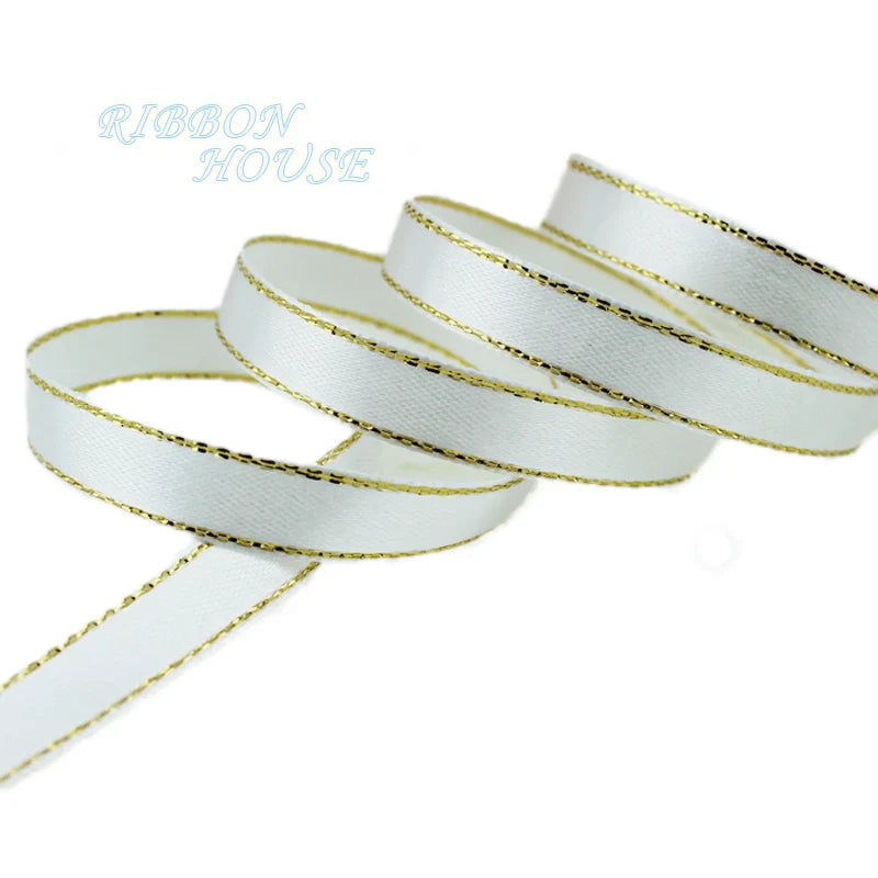 25 Yards 10mm Satin Ribbon with White & Gold Edge - High-Quality Gift Packaging Ribbon