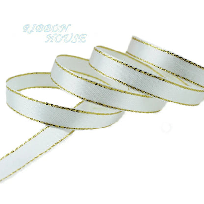 25 Yards 10mm Satin Ribbon with White & Gold Edge - High-Quality Gift Packaging Ribbon