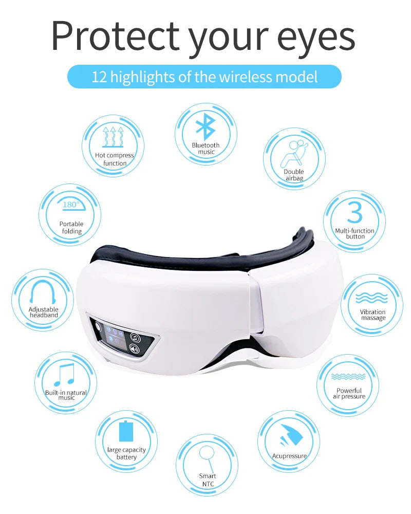 Eye Massage Instrument - Vibration, Airbag Pressure & Hot Compress Eye Massager with Bluetooth Music, Foldable for Fatigue Relief