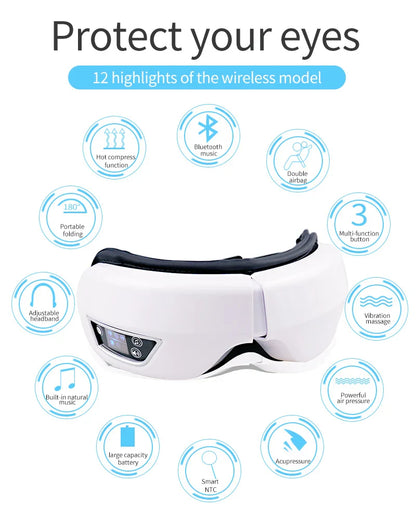 Eye Massage Instrument - Vibration, Airbag Pressure & Hot Compress Eye Massager with Bluetooth Music, Foldable for Fatigue Relief