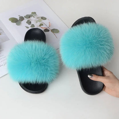 Women’s Summer Fluffy Fur Slippers — Real Fox Fur Non-Slip Flat Slides & Sandals, Large Size