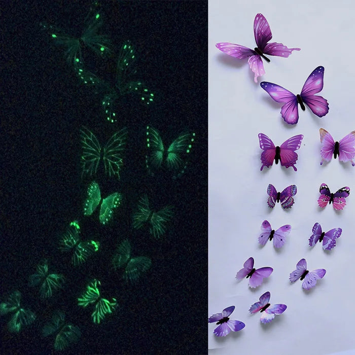 12PCS Luminous 3D Butterfly Wall Stickers — Glow-in-the-Dark Wedding Party & Home Decor, Living Room Fridge Decals