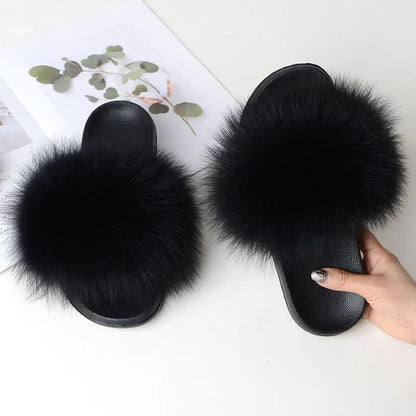 Women’s Summer Fluffy Fur Slippers — Real Fox Fur Non-Slip Flat Slides & Sandals, Large Size