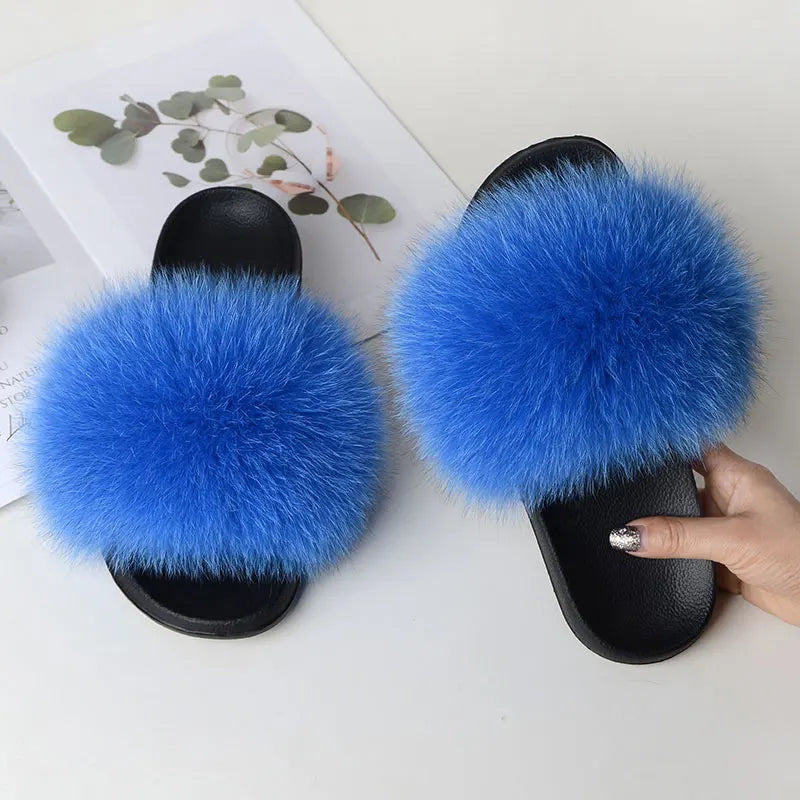 Women’s Summer Fluffy Fur Slippers — Real Fox Fur Non-Slip Flat Slides & Sandals, Large Size