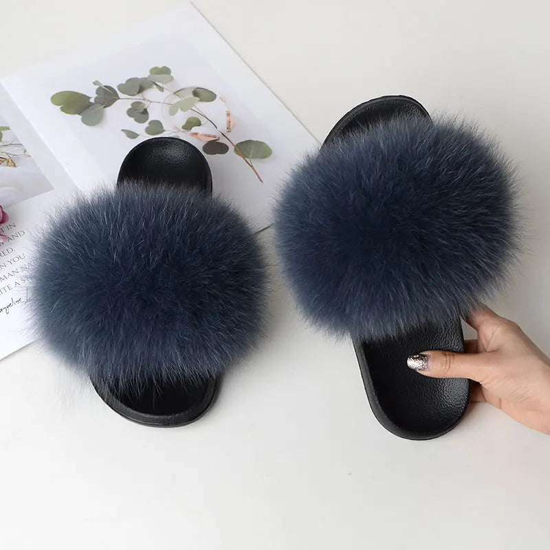 Women’s Summer Fluffy Fur Slippers — Real Fox Fur Non-Slip Flat Slides & Sandals, Large Size