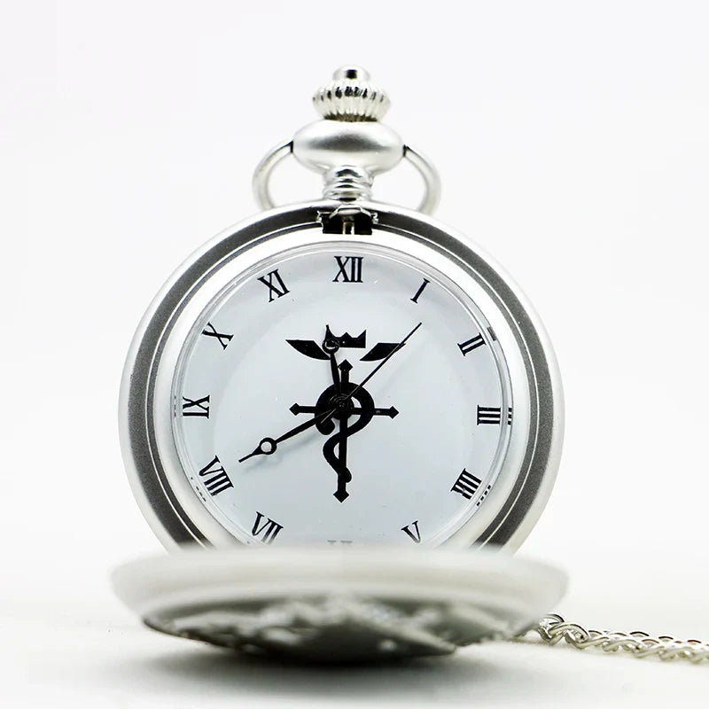 Fullmetal Alchemist Antique Silver Pocket Watch Necklace – Quartz Pendant Watch with Chain Anime Collectible Gift