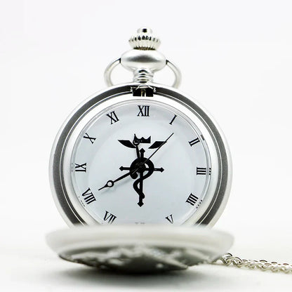 Fullmetal Alchemist Antique Silver Pocket Watch Necklace – Quartz Pendant Watch with Chain Anime Collectible Gift