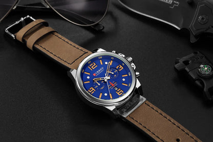 CURREN Men's Luxury Waterproof Sport Watch – Chronograph Quartz Military Wristwatch with Genuine Leather Strap