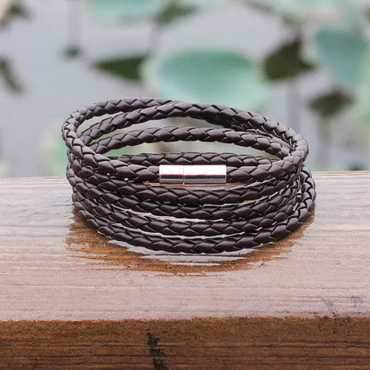 XQNI Black Retro Leather Bracelet for Men - 5 Lap Chain Link Bangle, Fashion Sporty Charm Bracelet