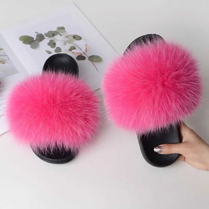 Women’s Summer Fluffy Fur Slippers — Real Fox Fur Non-Slip Flat Slides & Sandals, Large Size