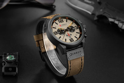 CURREN Men's Luxury Waterproof Sport Watch – Chronograph Quartz Military Wristwatch with Genuine Leather Strap