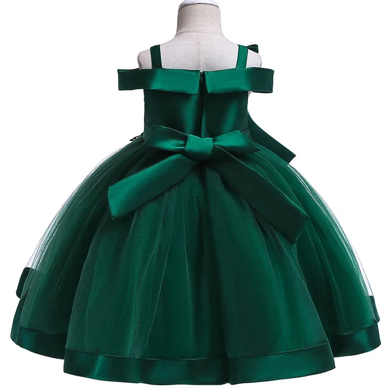 Girls’ Christmas Party Dress - Elegant Appliqué Flower Bow Gown for Weddings, Birthdays & Prom Ages 3–10