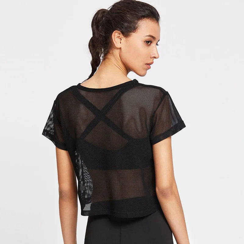 Breathable Performance: Women's Mesh Yoga Shirt - Sexy Short Sleeve T-Shirt Sport Top, Quick Dry Gym Cover Up for Running Fitness
