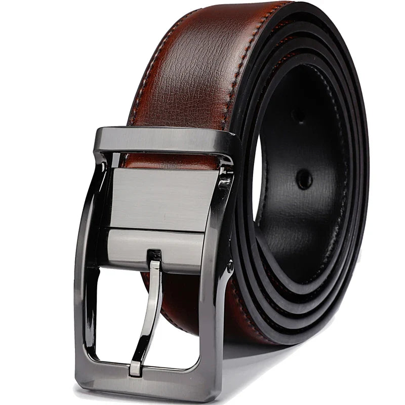 Men’s Genuine Leather Reversible Belt – 2-in-1 Rotated Buckle for Big & Tall Sizes