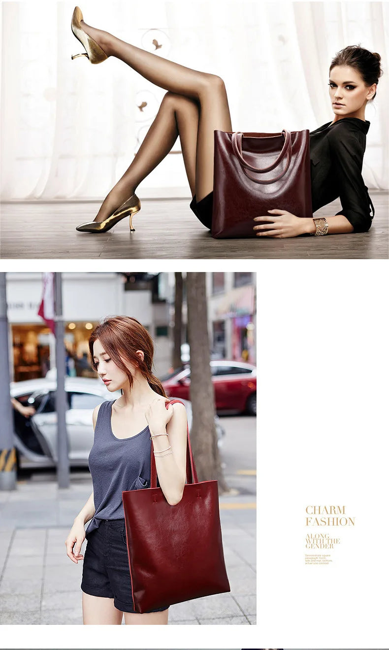 2023 Genuine Cow Leather Women’s Handbag – Large Vintage Office Tote Shoulder Bag for Ladies