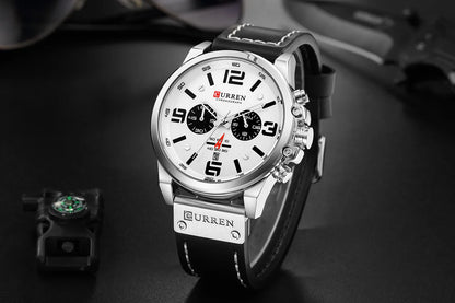 CURREN Men's Luxury Waterproof Sport Watch – Chronograph Quartz Military Wristwatch with Genuine Leather Strap