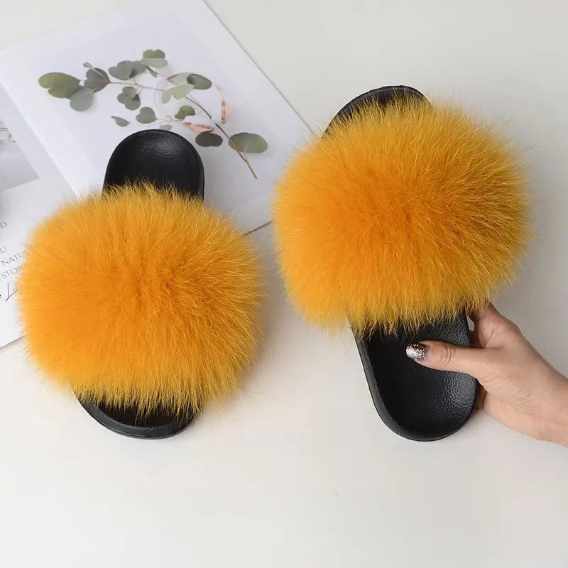 Women’s Summer Fluffy Fur Slippers — Real Fox Fur Non-Slip Flat Slides & Sandals, Large Size