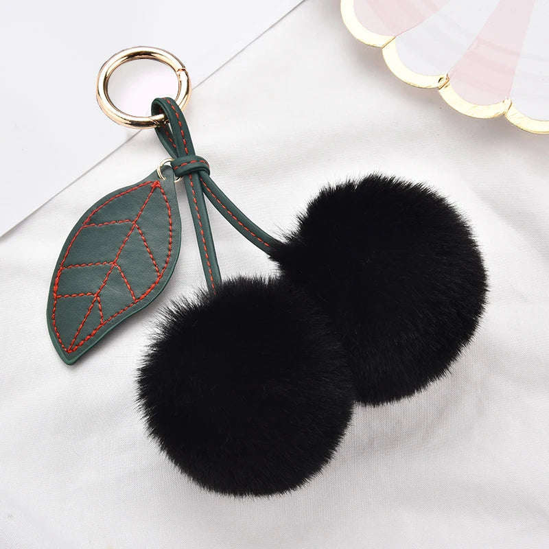 Fashion Cute Fluffy Rabbit Fur Ball Keychain – Pompom Leaf Cherry Pendant for Handbag & Car Keys