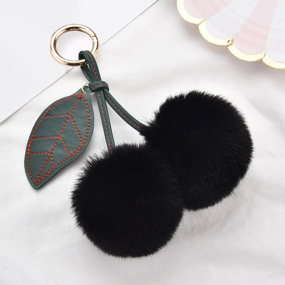 Fashion Cute Fluffy Rabbit Fur Ball Keychain – Pompom Leaf Cherry Pendant for Handbag & Car Keys