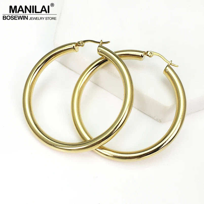 MANILAI Wide Stainless Steel Tube Hoop Earrings — 55mm Punk Statement Earrings for Women, Fashion Jewelry Brincos