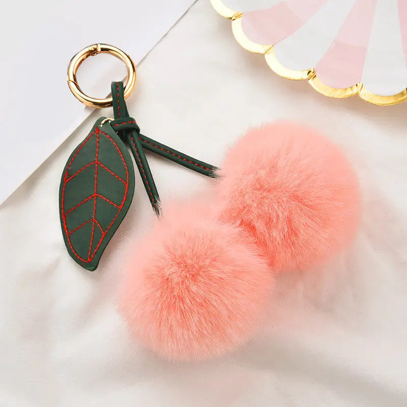 Fashion Cute Fluffy Rabbit Fur Ball Keychain – Pompom Leaf Cherry Pendant for Handbag & Car Keys